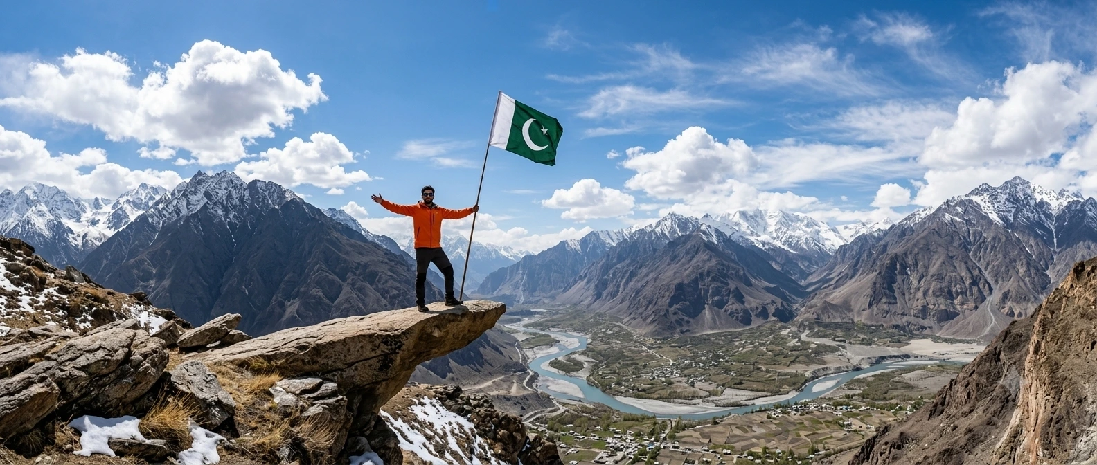 Traveler holding Pakistan flag on Marsur Rock, Skardu — panoramic view of Indus River valley, Karakoram mountains and snow-capped peaks of Gilgit-Baltistan, Northern Pakistan